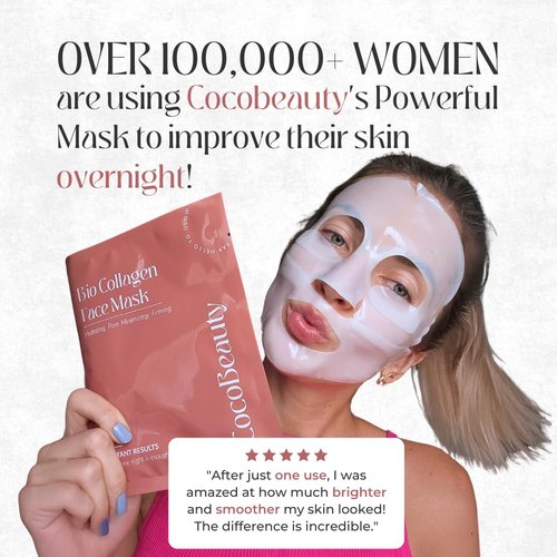 COCOBEAUTY Collagen Sheet Mask – Hydrating Korean Face Mask for Fine Lines & Anti-Aging, Deep Moisture, Radiant Skin Boost, Bio-Collagen Facial Masks (4 Pack)