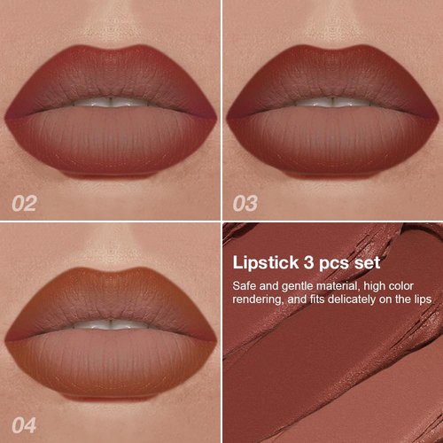 **Evpct 3Pcs Matte Lipstick & Lip Liner Set - Long Lasting Waterproof Ombre Effect in Red, Reddish Nude & Brown**