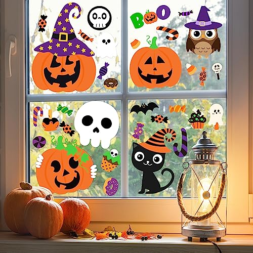 Halloween Window Clings Set - 6 Sheets with Pumpkin Ghost & Spooky Stickers