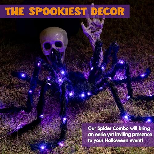 Giant Halloween Spider Lights - 5 Ft Outdoor Decor with Purple LED, Spooky Garden Props Set of 2
