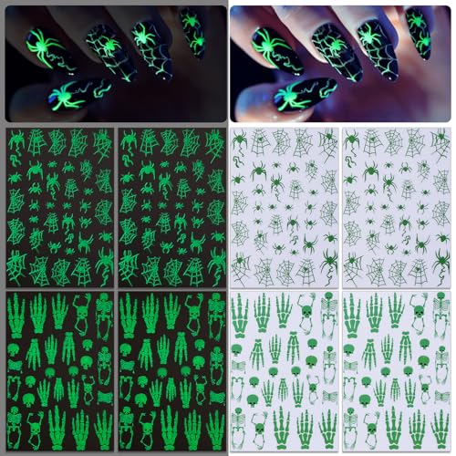Halloween Glow in The Dark Nail Stickers - 3D Skeleton & Spider Web Decals - Self-Adhesive Nail Art, 4 Sheets - Variation of This Listing
