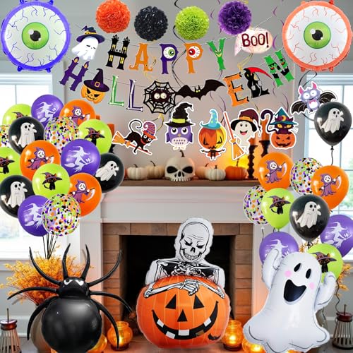 Halloween Party Decorations Set with Balloons Banner and Streamers – Ghost, Spider, Garland