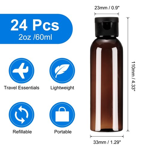 uxcell 2 Oz Plastic Bottles with Flip Caps, 24 Pcs Reusable Travel Size Containers with Lids Plastic Squeeze Refillable Dispensing Bottles for Shampoo, Body Soap, Toner(Brown Black)