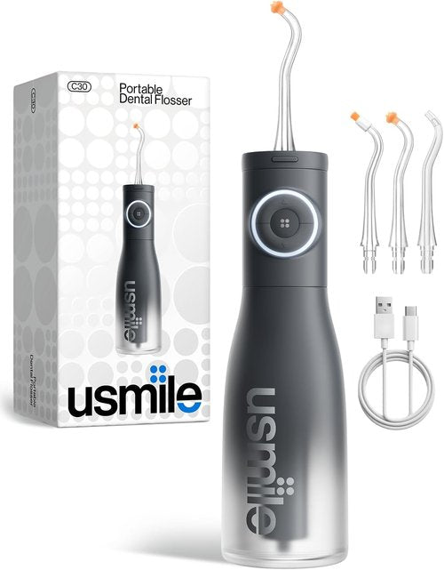 Usmile C30 Cordless Water Flosser - 300ml Tank, 5 Pressure Levels, S-Shaped Nozzles | Portable & Waterproof (Black)