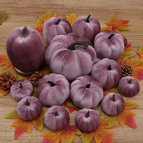 Purple Velvet Pumpkins Set of 16 Fall Halloween Thanksgiving Decor