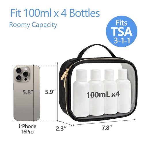 PACKISM TSA Approved Toiletry Bag - 3 Medium Clear Makeup Bags | Quart Size, Water Resistant PVC, Black