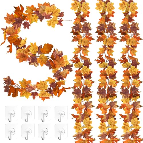 Helimoto Fall Maple Leaf Garland 4 Pack - 23.6FT Autumn Halloween Decor - Brownyellow