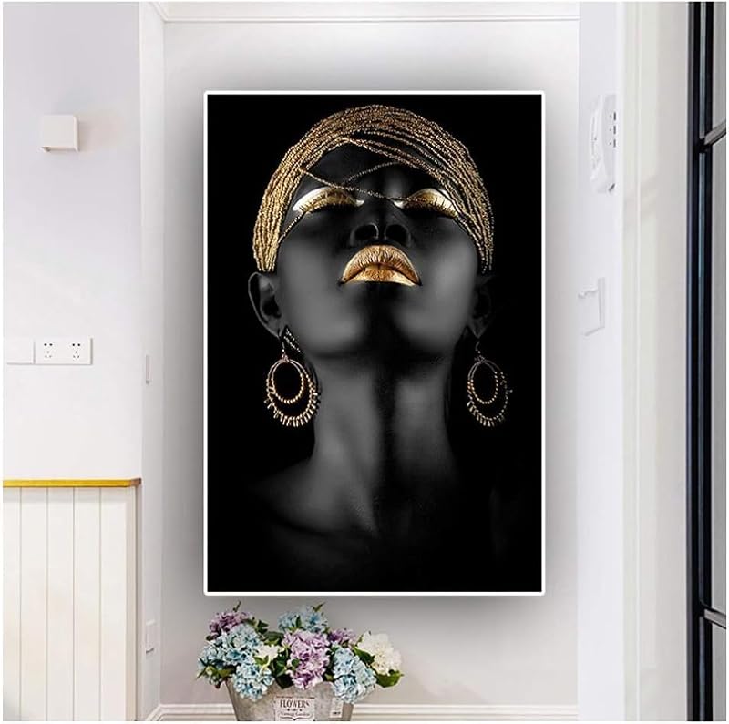 African Woman Canvas Wall Art - Black and Gold Oil Painting for Living Room & Bedroom - Golden Variation, 35.4 x 23.6 inches