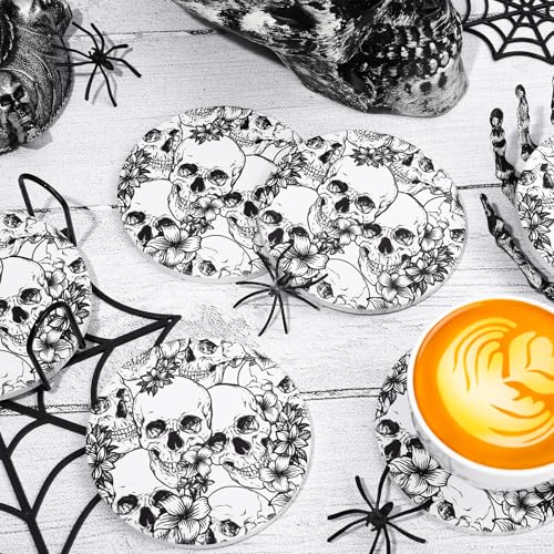 Halloween Ceramic Coasters Set with Iron Holder Skull & Floral Design