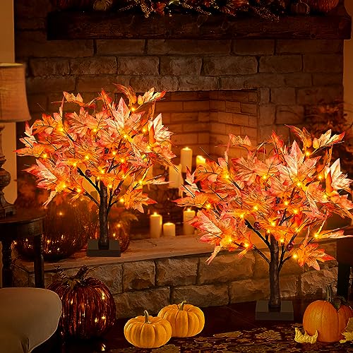 2-Pack 1.5ft Lighted Fall Maple Trees with 36 LEDs & Acorns - Battery Operated Tabletop Decor