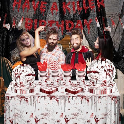 Killer Birthday Party Decorations Set - Halloween Horror Tableware for 24 Guests
