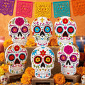 6 Pcs Day of The Dead Sugar Skull Table Decorations - Wooden, Modern, Vibrant