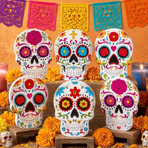 6 Pcs Day of The Dead Sugar Skull Table Decorations - Wooden, Modern, Vibrant