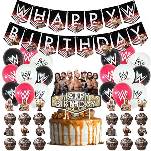 Black Wrestling Birthday Decorations Party Supplies Set with Banner, Cake & Cupcake Toppers, Balloons