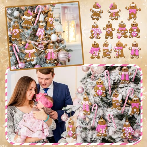 Pink Gingerbread Man & Candy Cane Christmas Ornaments Set - Holiday Decor