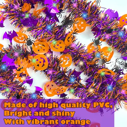 32FT Halloween Tinsel Garland with LED Lights - Pumpkin, Spider, Bat Decorations for Indoor Outdoor Parties