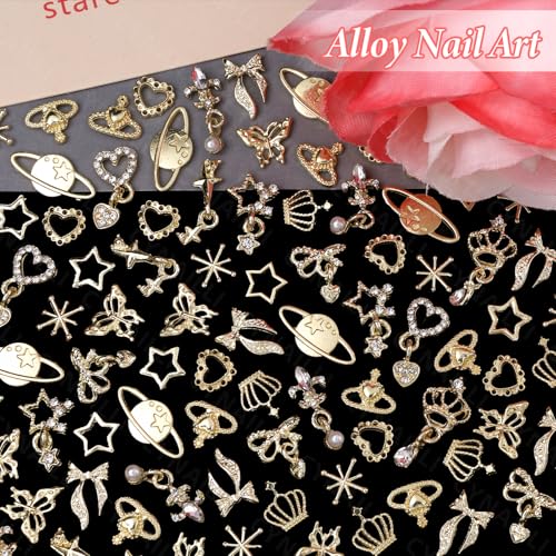 110 Pcs Gold Nail Charms & Gems Set with Stars Hearts Bows & Planets - S1