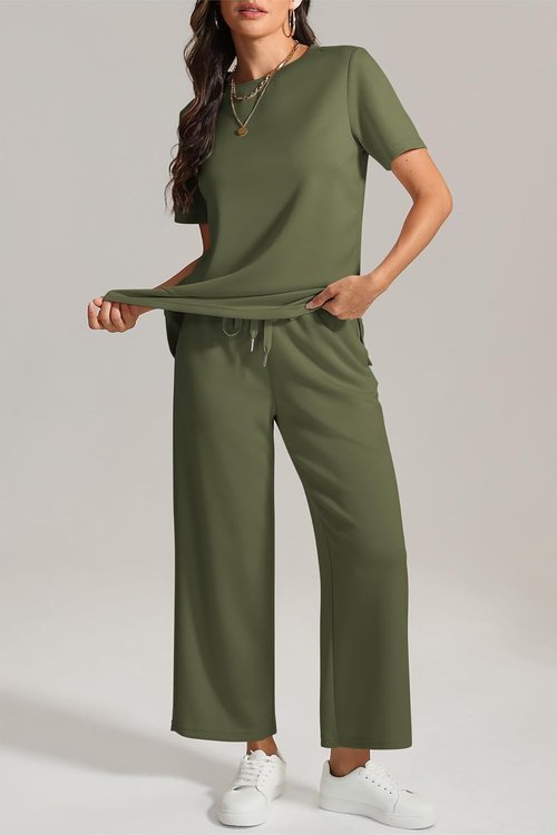 ATHMILE Women's 2-Piece Lounge Set - Comfy Summer Travel Outfit | Wide Leg Beach Tracksuit