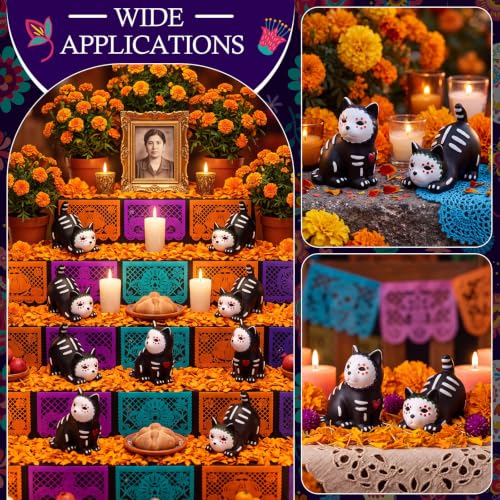 Day of the Dead Cat Figurines Set - Mini Ofrenda Skeleton Decor, 12 Pieces