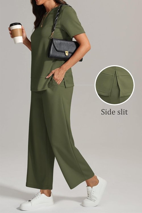 ATHMILE Women's 2-Piece Lounge Set - Comfy Summer Travel Outfit | Wide Leg Beach Tracksuit