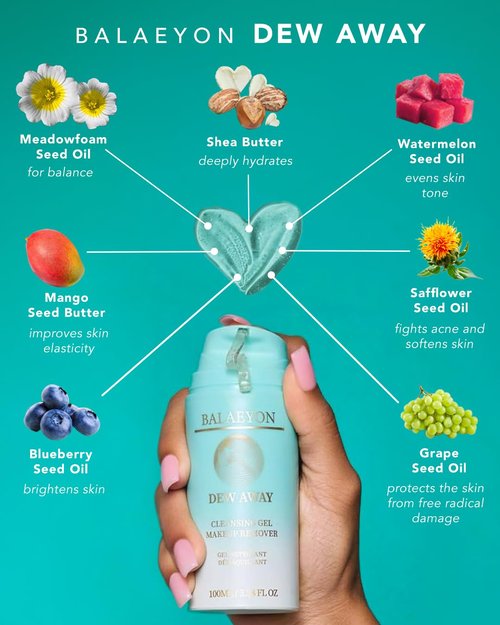 Balaeyon Cleansing Gel Makeup Remover, Removes Waterproof Mascara, 3-In-1 Cleanser, Oil Based, Moisturizing, Great For Sensitive Skin, All Natural, TSA Friendly, 3.38 fl oz