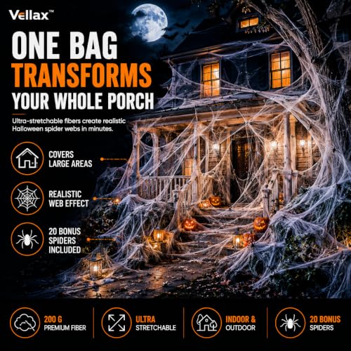 Vellax Halloween Spider Web Decorations with 20 Spiders - 200g Stretchable Cobweb for Indoor & Outdoor Use