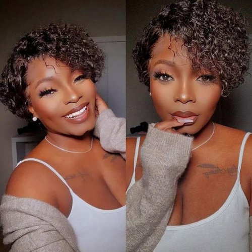 Kinky Curly Short Wavy Human Hair 6 Bundles with 4x4 Closure Brazilian Kinky Curly Bundles Human Hair Extensions Natural Color(8"8"8"8"8"8"+8")25g/Bundle