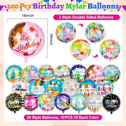 200 Pcs Happy Birthday Balloons - 18 Inch Round Mylar Foil Balloons with Color Variations