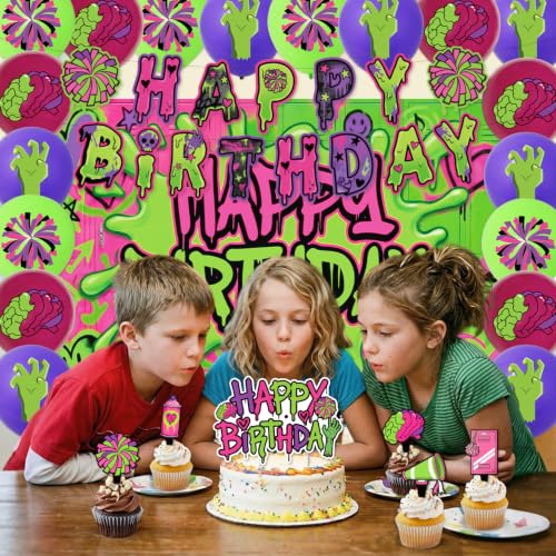 Zombie Party Decorations Set with Cake Toppers Banner Balloons Backdrop - Horror High School Theme