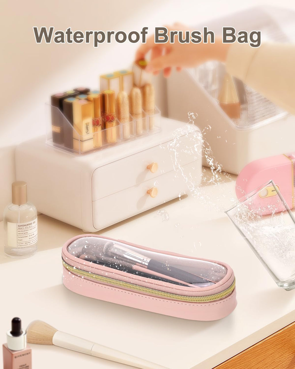 Soimeat Clear Travel Makeup Brush Holder - Waterproof Leather Cosmetic Case | Large Pink Design
