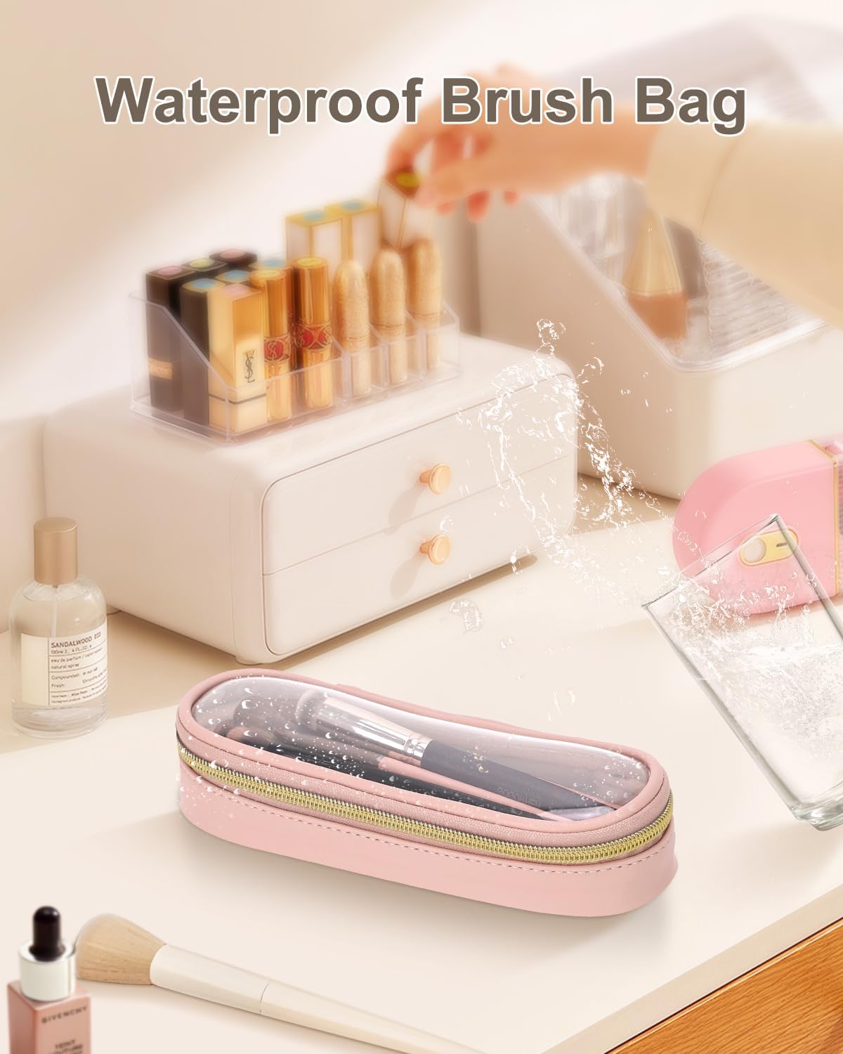 Soimeat Clear Travel Makeup Brush Holder - Waterproof Leather Cosmetic Case | Large Pink Design