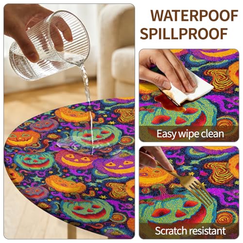 Halloween Round Tablecloth Fits 45-48 Inches with Pumpkin Head Design - 48"