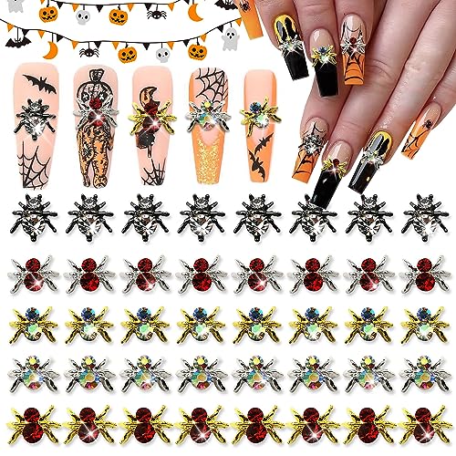 Halloween Spider Nail Charms Set - 50pcs 3D Gold & Silver Spider Rhinestones - Variation 01