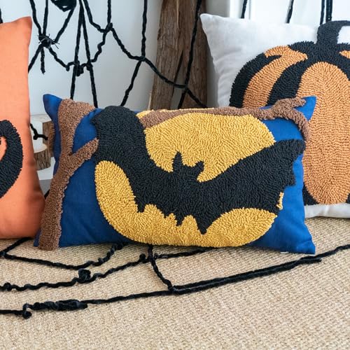 Halloween Bat Moon Tufted Throw Pillow Cover - 20x12 Inch Gothic Decorative Pillow, Pack of 1