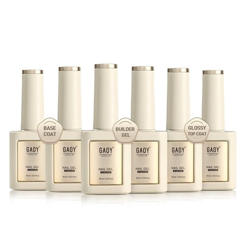 GAOY Gel Top Coat, Builder Gel and Base Coat Set, 6 Pcs 16ml Clear Glossy No Wipe Combination for Long Lasting UV Light Cure Nail Art DIY
