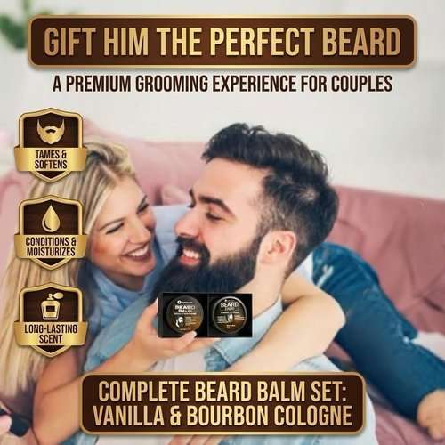 Beard Balm Set, Vanilla and Bourbon Cologne Scents, Natural Oils and Butters for Styling, Taming and Nourishing, 2x50g/1.76oz