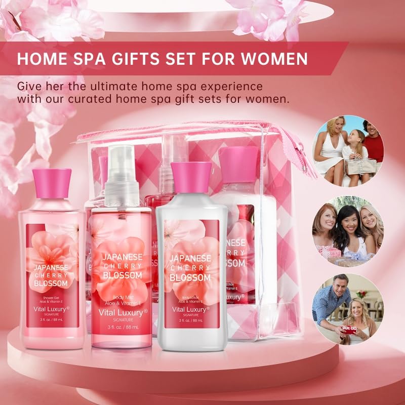 Vital Luxury Bath and Body Gift Set for Women and Girls, Japanese Cherry Blossom Spa Set With Natural Extracts-Shower Gel, Body Lotion, Body Mist, Body Care Travel Set for Birthday Mother's Day Gifts