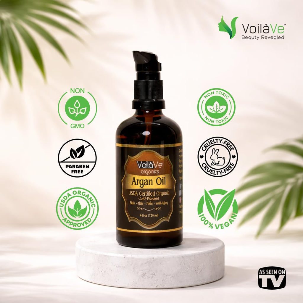 VoilaVe Organic Moroccan Argan Oil - Cold Pressed Anti-Aging Moisturizer for Skin, Hair & Nails | 4 fl oz