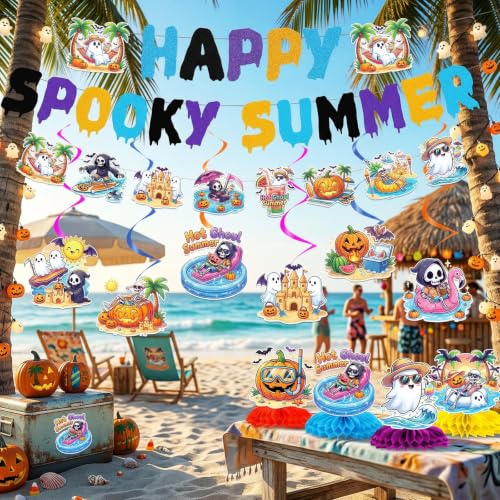 Summer Halloween Party Decorations Set - Ghosts, Pumpkins & Tropical Banners