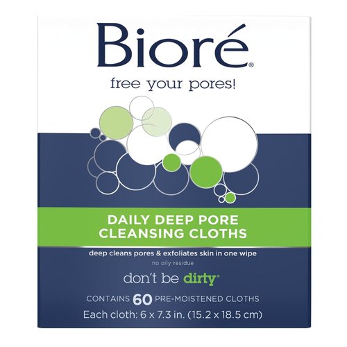 Bioré Daily Makeup Removing Cloths - Deep Cleansing Facial Wipes with Dirt-Grabbing Fibers | 60 Count