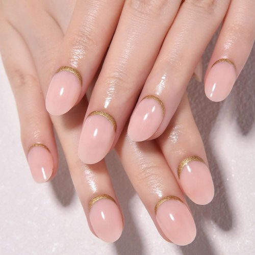 Evpct Nude Pink French Press-On Nails - Short Oval Design with Gold Foil Accents | Reusable Soft Gel Kit