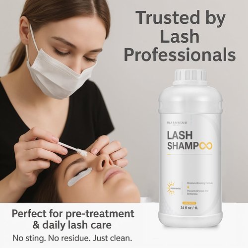 ISLA & FONTANE Lash Shampoo Bulk – Pura White 34 fl oz / 1L | Gentle Eyelash Shampoo for Extensions | Lash Foam Cleanser | Oil-Free Lash Bath for Home & Salon Use