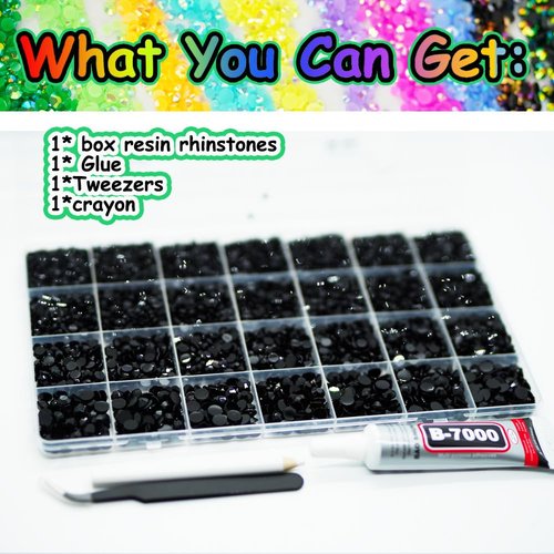 22000pcs Black Rhinestones for Bedazzling Kit, 2mm 3mm 4mm 5mm 6mm Flatback Black Gems Bedazzling for Crafting, Non-Hotfix SS8-SS30 Gems Bedazzler with B7000 for DIY Nails Decoration