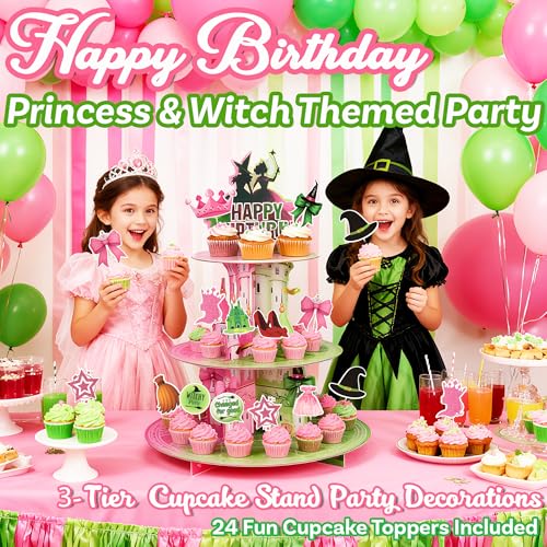 Princess and Witch Cupcake Stand with Toppers - 3 Tier Birthday Dessert Display