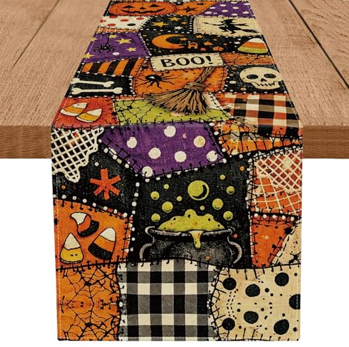 Halloween Witchy Burlap Table Runner 13x72 Inch - Seasonal Kitchen Decor