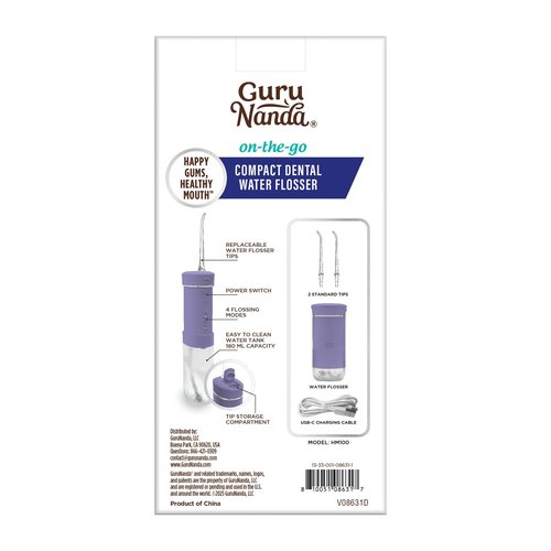 GuruNanda Compact Water Dental Flosser, Portable Travel Size Oral Irrigator Flosser with Collapsible 180 ml Tank, Smart Timer, 4 Flossing Modes, TSA-Friendly - Lavender