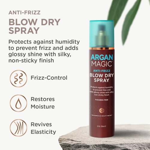 Argan Magic Anti-Frizz Blow Dry Spray - Tame Frizz & Humidity | Adds Glossy Shine | Paraben-Free | 8 Oz