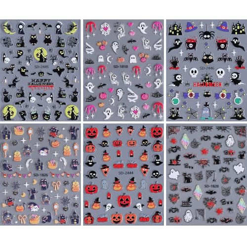 Halloween Nail Stickers - 5D Embossed Owl Witch Ghost Skull Spider Web Design - Style2 - 6 Sheets
