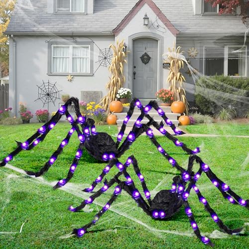 Giant Halloween Spider Lights - 5 Ft Outdoor Decor with Purple LED, Spooky Garden Props Set of 2