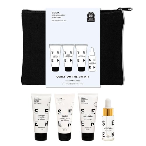 SEEN Curly On The Go Kit - Fragrance-Free Curl-Defining Hair Bundle for Sensitive Skin | Anti-Frizz & Heat Protectant